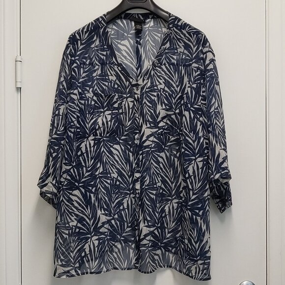 Maggie Barnes Chiffon Top 4X (32/32) Sheer Button Up 3/4 Sleeve Palm Print - Picture 1 of 14